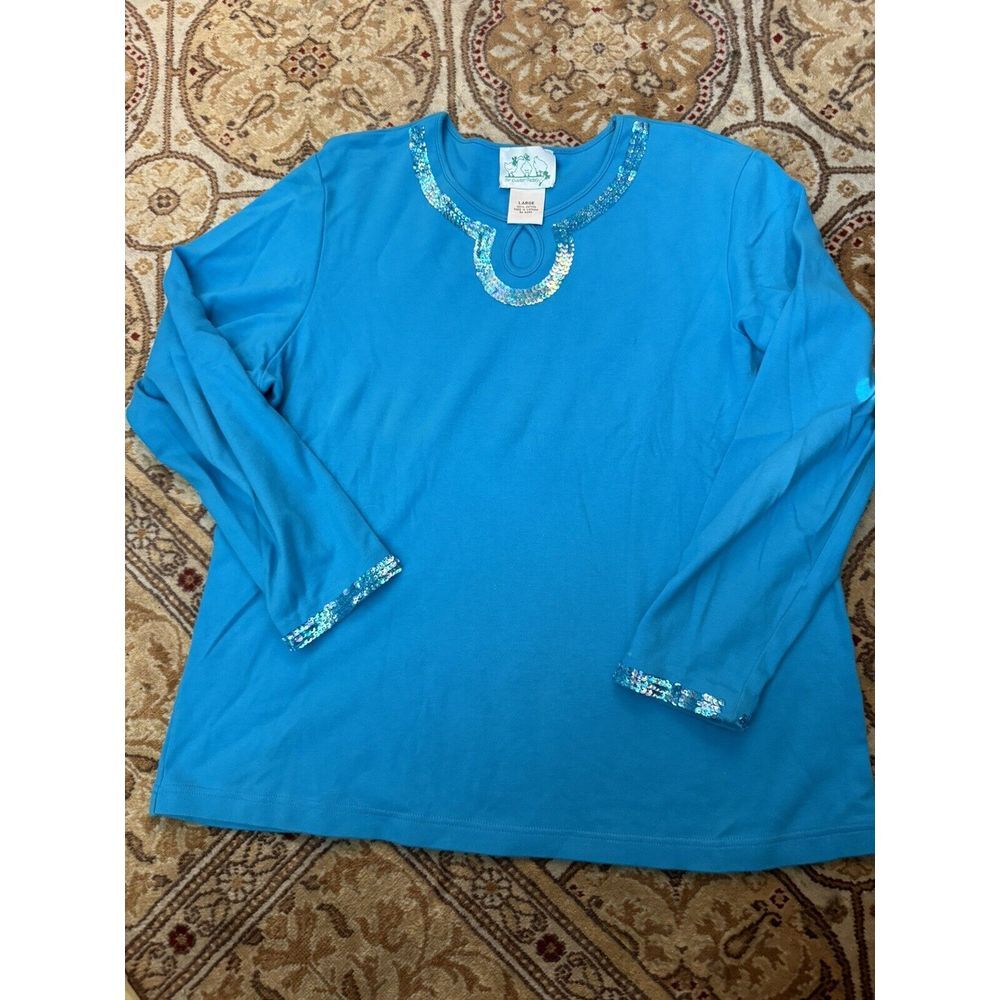 Quacker Factory L Large Woman Ocean Sea Blue Pullover Keyhole Neck Sequins Tunic